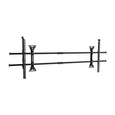 Schwarze TV-Wandhalterung für mehrere Bildschirme mit zwei horizontalen Schienen.