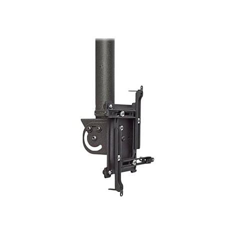 Schwarze Deckenhalterung für Projektor, metallisch. Besteht aus Säule, Halterung mit Schrauben.