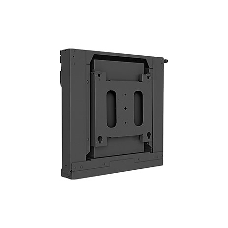 Schwarze, flache Wandhalterung aus Metall für Flachbildschirme auf neutralem Hintergrund.