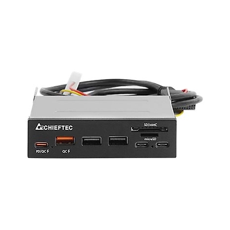 Frontplatte mit USB- und SD-Karten-AnschlÃ¼ssen, SD/MMC und microSD, QC4 und PD/QC, schwarzes GehÃ¤use.