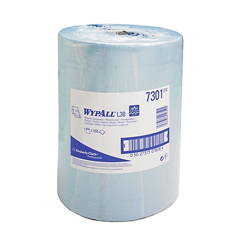 Rouleau de papier bleu, avec impression 'WYPALL L30'.