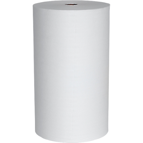 Un grand rouleau de papier blanc est debout. Un petit noyau brun est visible en haut.