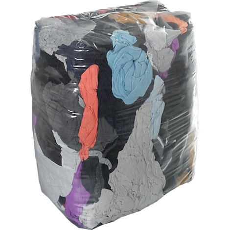 Fibres textiles comprimées emballées dans du film plastique, couleurs: noir, gris, bleu et orange.