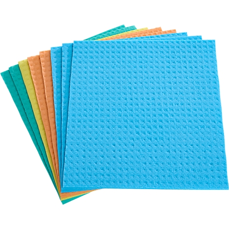 Des éponges multicolores, bleu au premier plan, disposées en éventail.