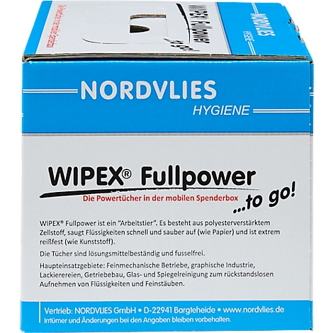 Boîte bleue avec lettrage blanc : NORDVLIES, WIPEX Fullpower, lingettes d'hygiène. Texte : Absorbe les liquides, résistant à la déchirure.