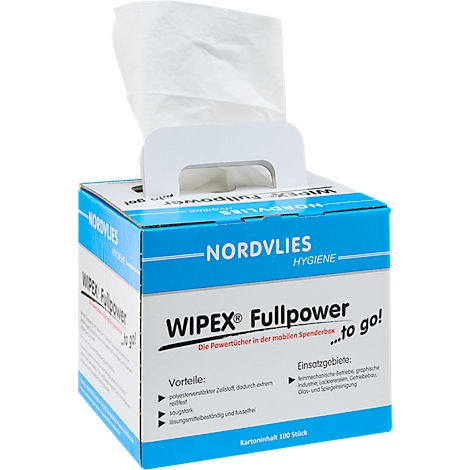 Boîte de papier essuie-tout bleue et blanche avec des serviettes sortant. Imprimé : "WIPEX Fullpower".