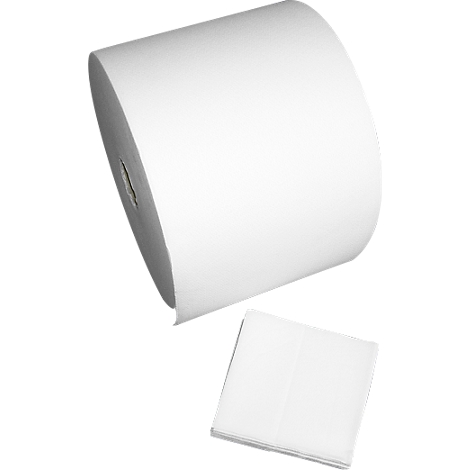 Un rouleau de papier blanc et une pile de feuilles de papier pliées blanches sur fond blanc.