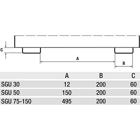 Drawing of a component with dimensions. At the top a cuboid, below two rectangles, next to it a table with technical data.