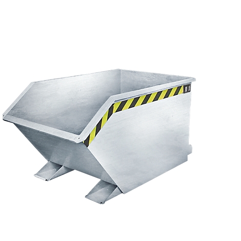 A silver skip with black and yellow warning stripes, against a white background.