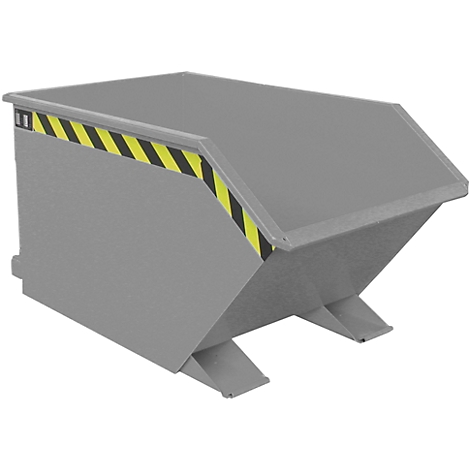 Gray skip with angled walls. Yellow and black stripes as a warning. Steel construction.