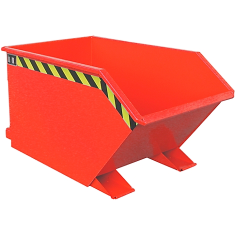 Red tipping container with yellow and black warning stripes.