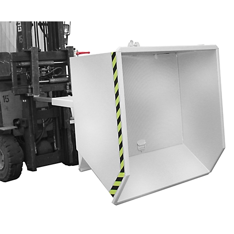 White container on forklift, with black and yellow warning stripes.