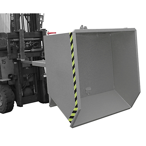 A gray industrial container being lifted by a forklift. Yellow and black warning stripes on the side.