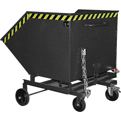 Black bin with wheels and yellow-black warning stripes. A chain and a faucet are attached.
