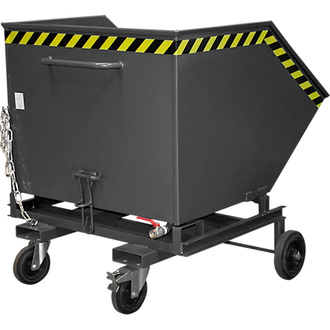 Gray container with yellow and black stripes. On a rolling frame with 4 wheels. Chain and faucet.