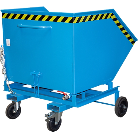 Blue tipping skip on wheels; yellow-black warning stripe at the top edge. Chain on the side. Ball valve.