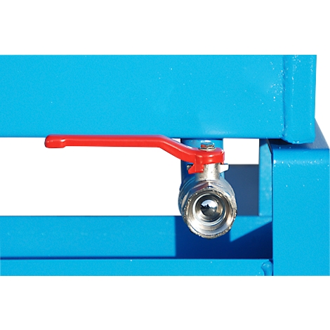 Close-up of a valve with a red lever, mounted on blue metal. The ball inside the valve is visible.