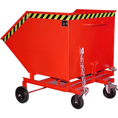 Red, rolling steel container. Black tires. Yellow and black warning stripes on the edges.