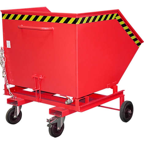 Red, rolling waste bin with black and yellow warning stripes on the top edge. It stands on wheels.