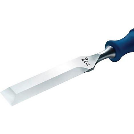 Close-up of a chisel with a blue handle and the inscription '2Cut'.