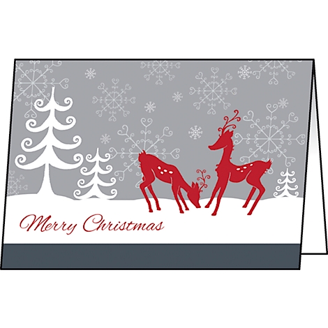 Christmas card with red reindeers and snowflakes on a gray background. The lettering "Merry Christmas" is red.