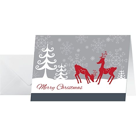 Christmas card with red reindeer silhouette, snow, and "Merry Christmas" text, against a grey background.