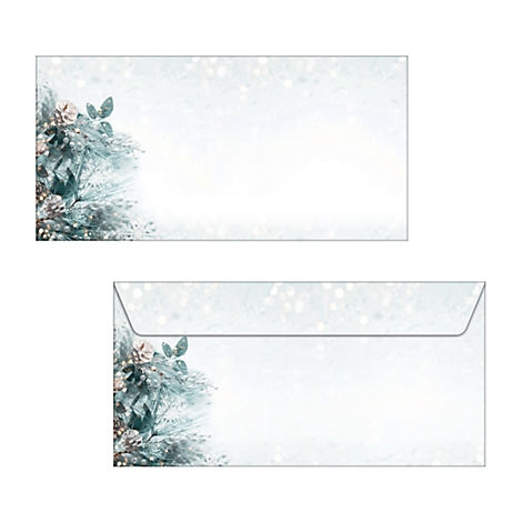 Two white envelopes decorated with Christmas ornaments, embellished with branches and glitter.