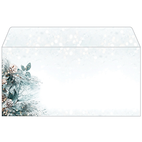 Christmas envelope with festive pine branch design on a bright, glittery background.
