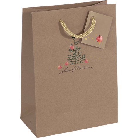 Brown paper bag with Christmas tree design and tag with apple. Text: "Love Christmas".