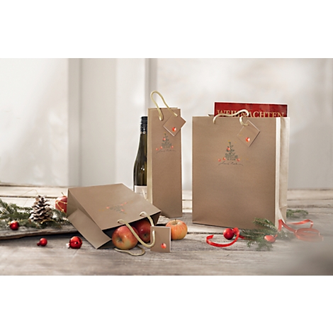 Various paper bags with apples and a wine bottle on a wooden table, decorated with Christmas accessories. One bag says 'Christmas'.