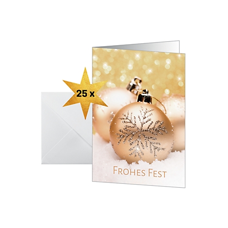 Christmas card with golden balls in the snow, inscription Merry Christmas, incl. 25 envelopes.