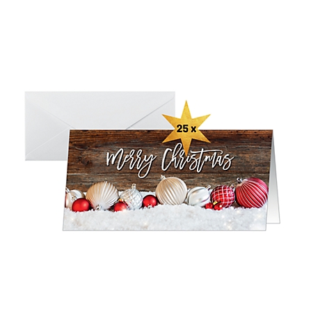 Christmas card with 'Merry Christmas' text, decorations and envelope.