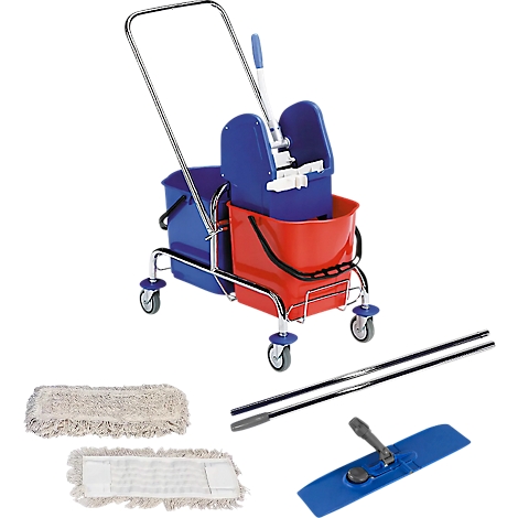 Mobile mop stand with buckets, mop and accessories, against a white background. Blue and red mop set on a trolley.