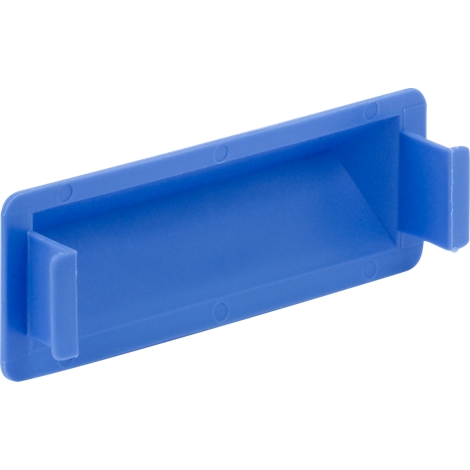 Pieza de plástico azul, rectangular, con dos pestañas que se elevan hacia arriba, en la que hay un hueco.