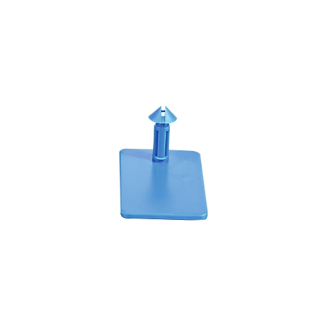 Clip de plástico azul con base cuadrada y cabeza puntiaguda con ranura.