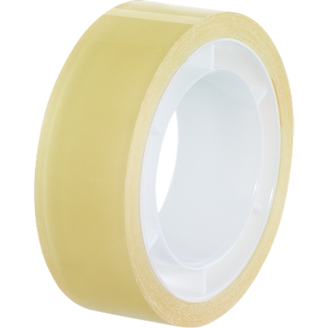 Rollo de cinta adhesiva transparente. El núcleo es blanco, la cinta es transparente.
