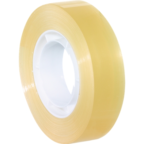 Un rollo de cinta adhesiva transparente, sobre un núcleo blanco. La cinta está enrollada.