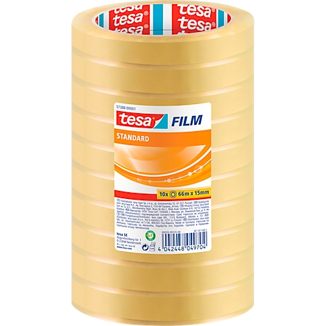 Rollo de cinta adhesiva amarilla Tesa con etiqueta del producto.