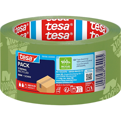 Cinta adhesiva Tesa verde con texto. La cinta es fuerte y reciclada. Información impresa sobre el producto, el reciclaje y el fabricante.