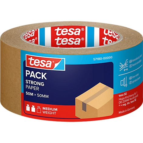 Rollo de cinta adhesiva Tesa con etiqueta azul: 'Pack Strong Paper'.