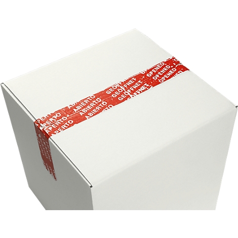 Caja blanca con cinta adhesiva roja impresa "GEÖFFNET, OPENED, ABIERTO".