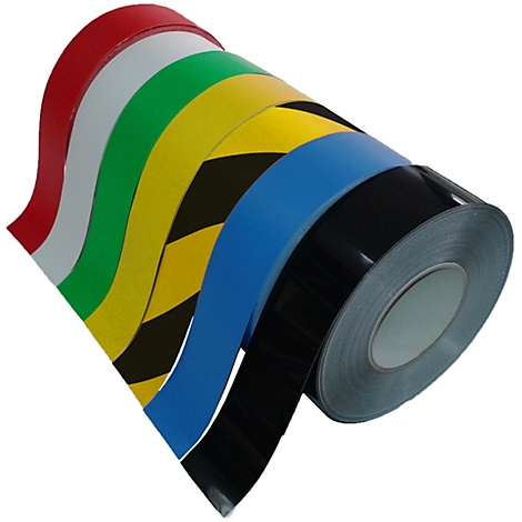 Primer plano de varios rollos de cinta adhesiva de colores. Los colores son rojo, blanco, verde, amarillo, negro y azul.