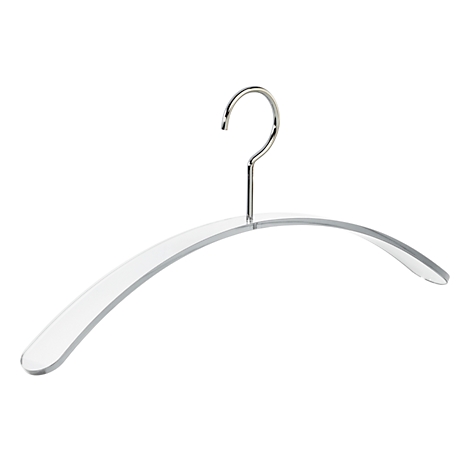 Cintre transparent avec crochet argenté, sur fond blanc.