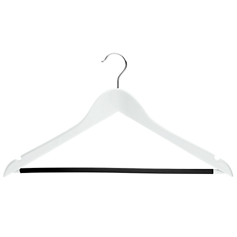 Cintre en bois blanc avec crochet en métal et barre noire, sur fond blanc.