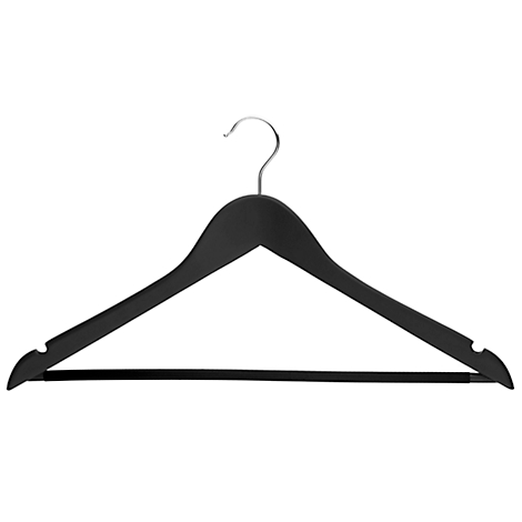 Cintre noir sur fond blanc. Le cintre a un crochet en métal.