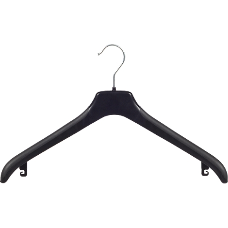 Cintre noir avec crochet en métal, sur fond blanc.