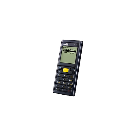 Schwarzes PDA-Gerät mit gelbem Knopf und Text auf Display: Receiving, Order fulfillment, Price checks, Stock management.