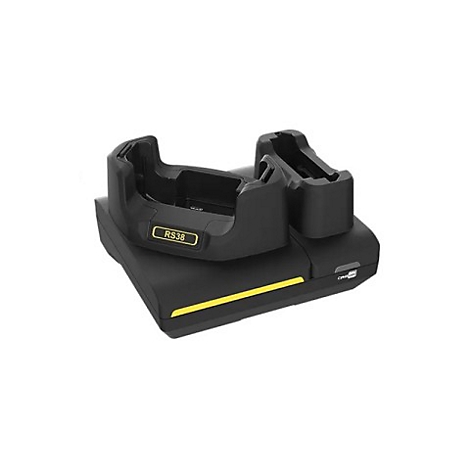 Schwarze Ladestation mit zwei Vertiefungen und gelben Akzenten. Aufschrift: RS38.