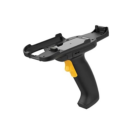 Schwarzer Barcode-Scanner mit gelbem Auslöser, vor weißem Hintergrund.