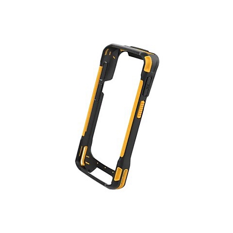 Schwarze und gelbe Schutzhülle für ein Smartphone, schräg von vorne vor weißem Hintergrund.